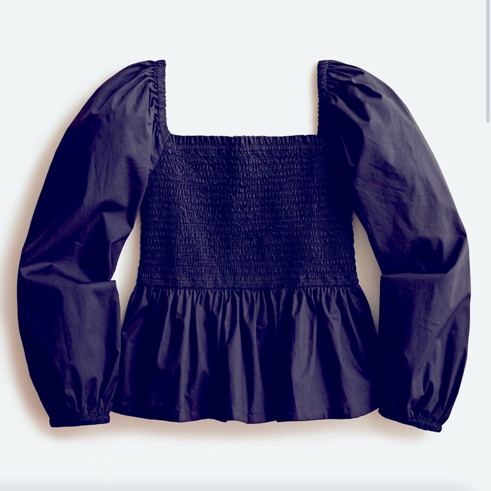 NWT J Crew Black Smocked Puff Sleeve top